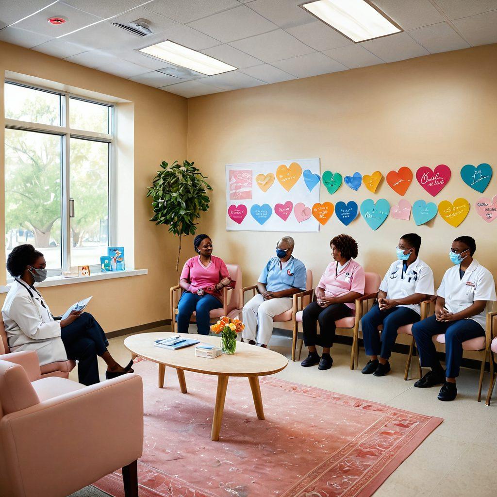 A diverse group of patients and healthcare professionals in a warm, inviting clinic setting, sharing smiles and support. Include symbols of hope like ribbons and heart motifs scattered throughout. The room is filled with supportive materials like pamphlets and a digital display of cancer treatment options. Soft, calming colors to evoke a sense of comfort and empowerment. super-realistic. vibrant colors.