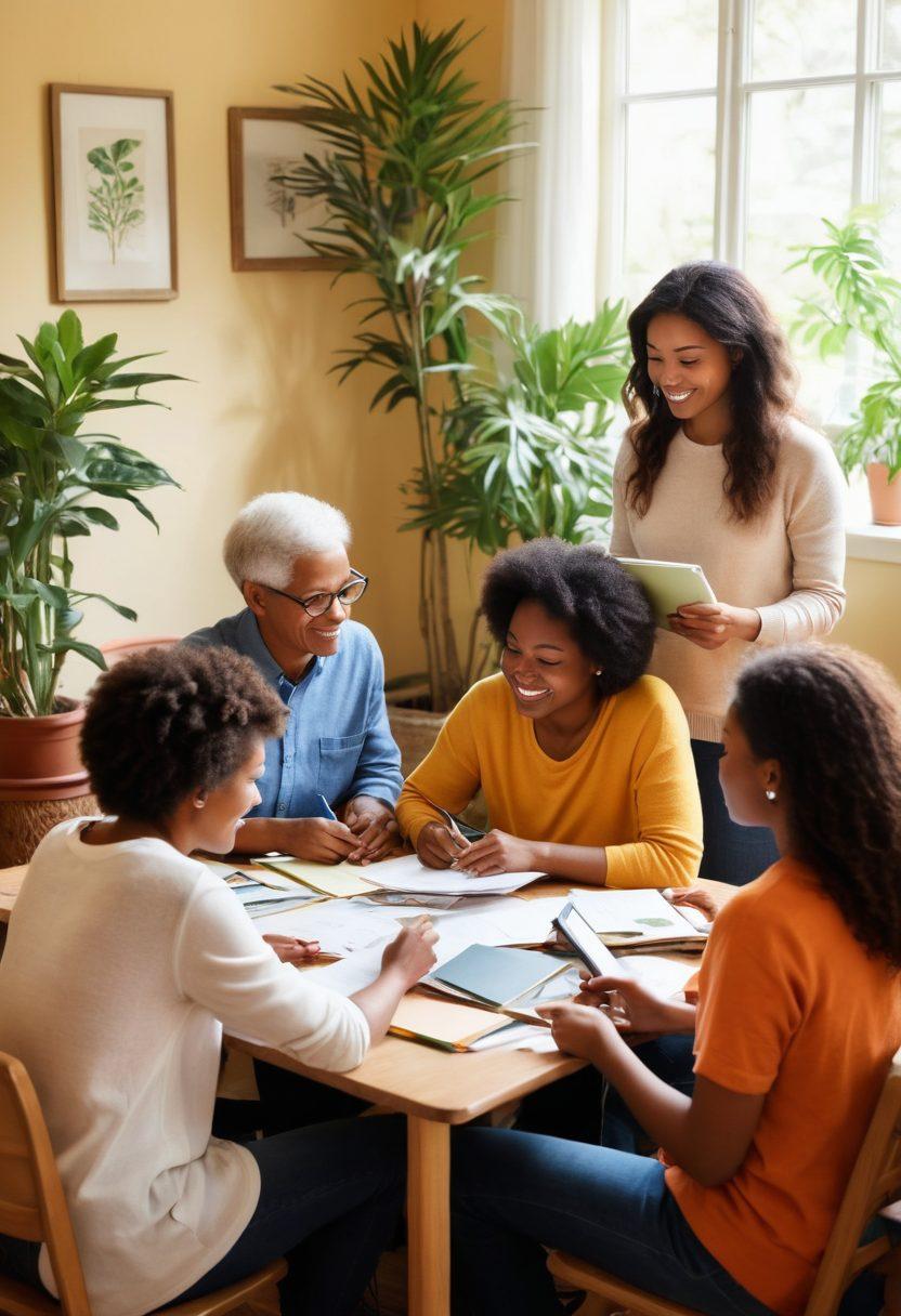A warm and inviting scene depicting a diverse group of individuals gathered in a supportive atmosphere, sharing resources and information. Include elements such as pamphlets, laptops, and a cozy setting with plants and sunlight. The individuals should represent various ages, ethnicities, and backgrounds, fostering a sense of community and collaboration. Soft, reassuring colors and gentle smiles enhance the comforting vibe. super-realistic. vibrant colors. cozy environment.